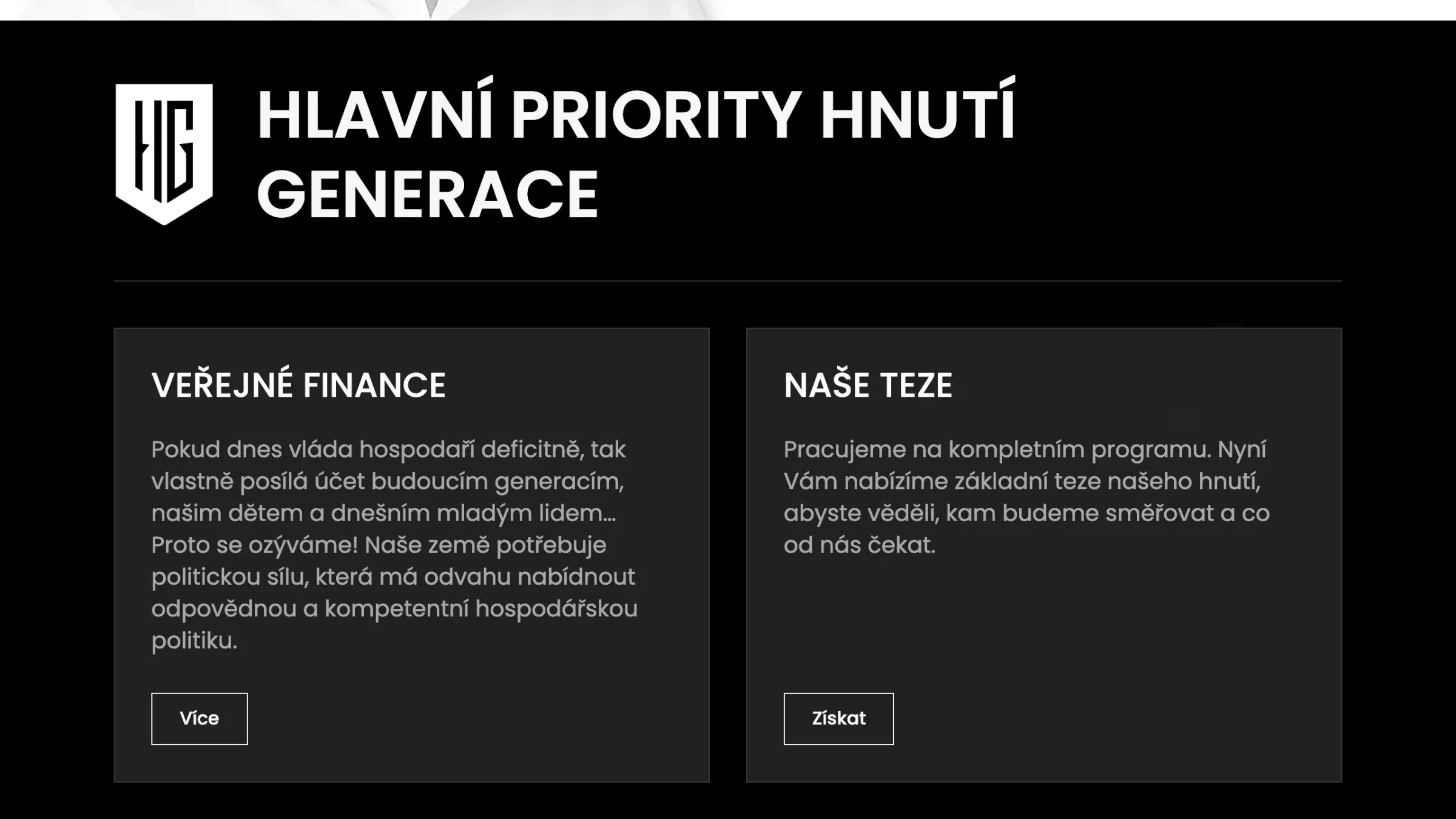 Tematické karty původního webu Hnutí Generace