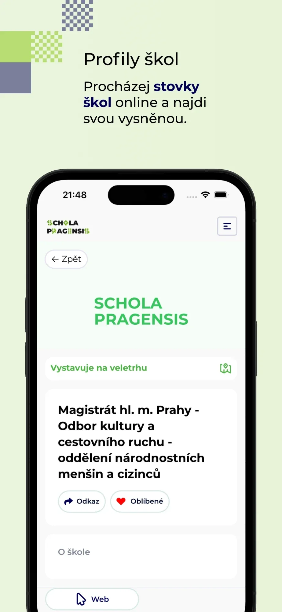 Obrazovka aplikace s profilem školy, štítkem Vystavuje na veletrhu a tlačítky Odkaz a Oblíbené