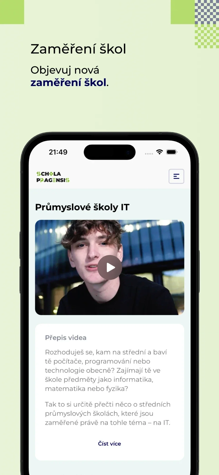 Obrazovka aplikace se zaměřením Průmyslové školy IT, videem a jeho přepisem