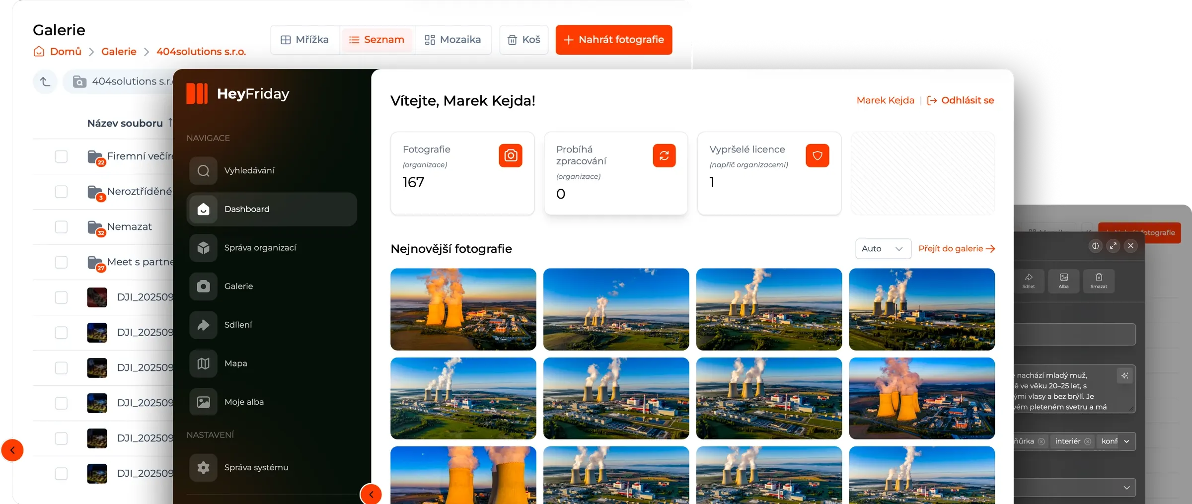 Obrazovky aplikace HeyFriday poskládané přes sebe: galerie se seznamem souborů, dashboard s přehledem fotografií a detail fotografie