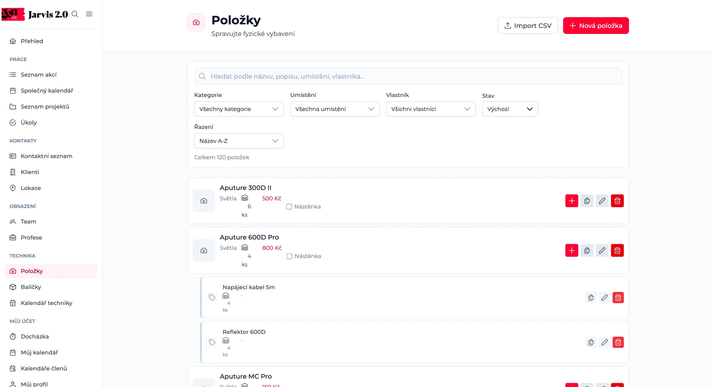 Položky techniky: světla s cenou za den a počtem kusů, u položky její příslušenství jako napájecí kabel a reflektor, filtry podle kategorie, umístění, vlastníka a stavu a import z CSV