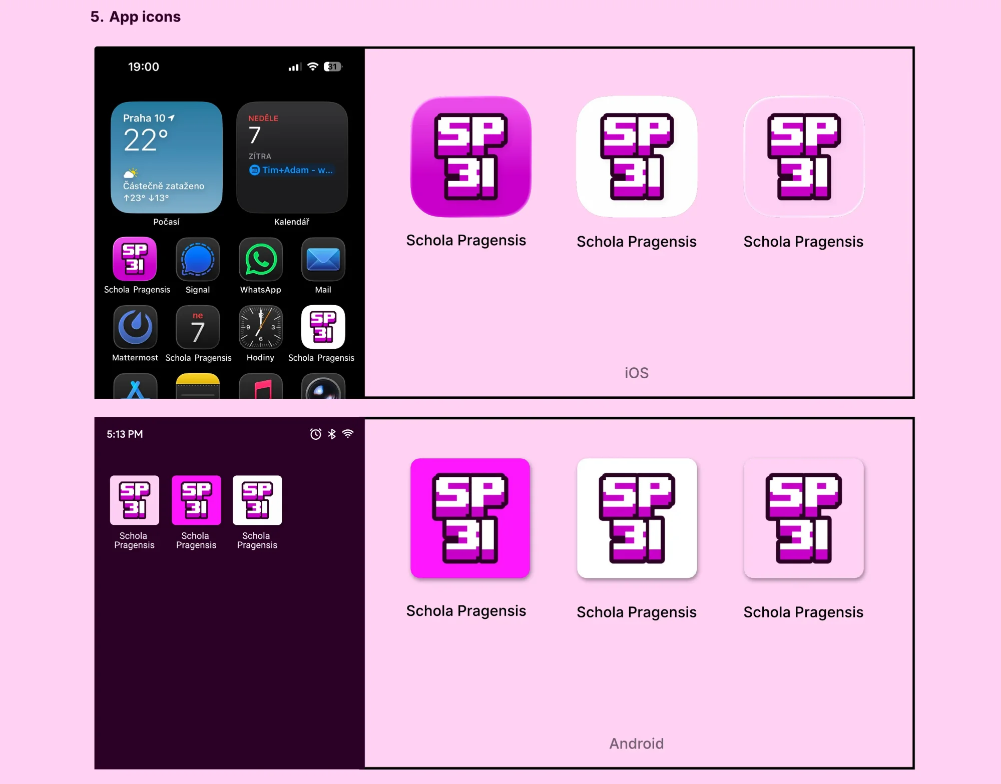 Strana design manuálu s ikonou aplikace SP 31 ve třech barevných variantách na ploše iPhonu a Androidu