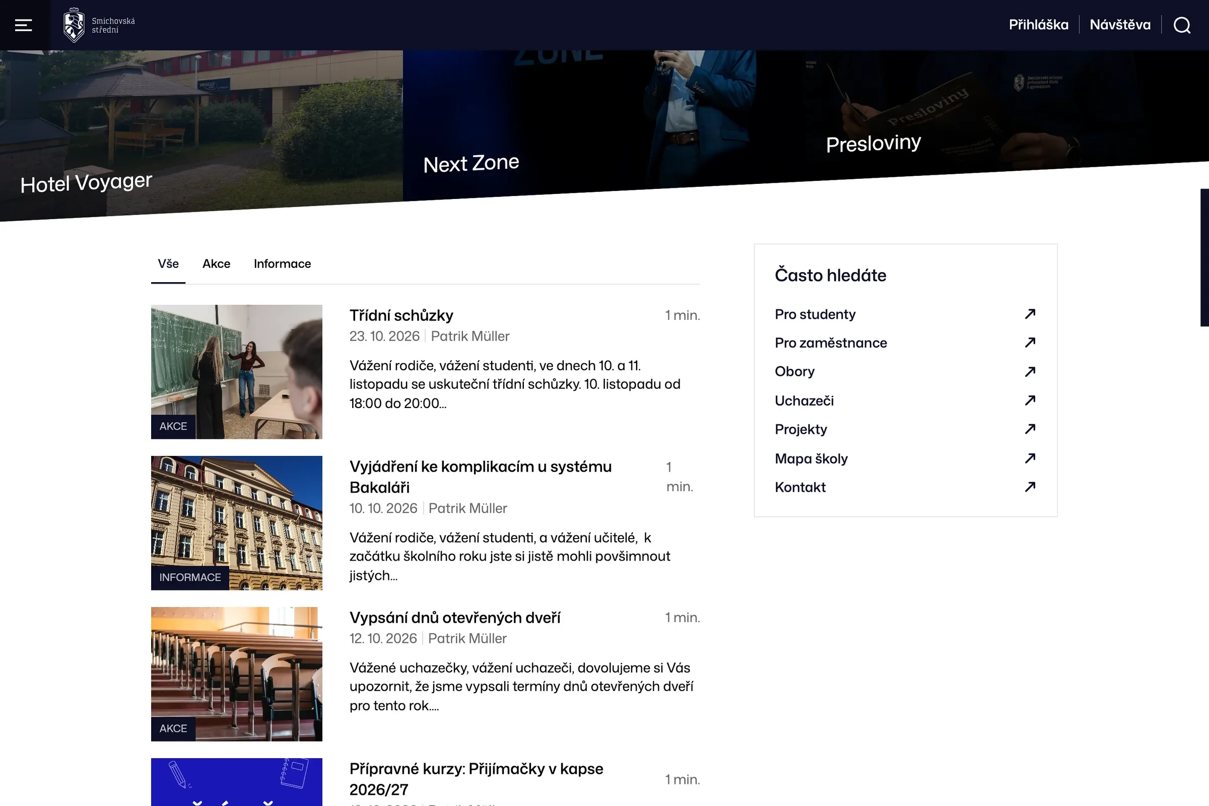 Aktuality rozdelené na akcie a informácie a blok Často hľadáte