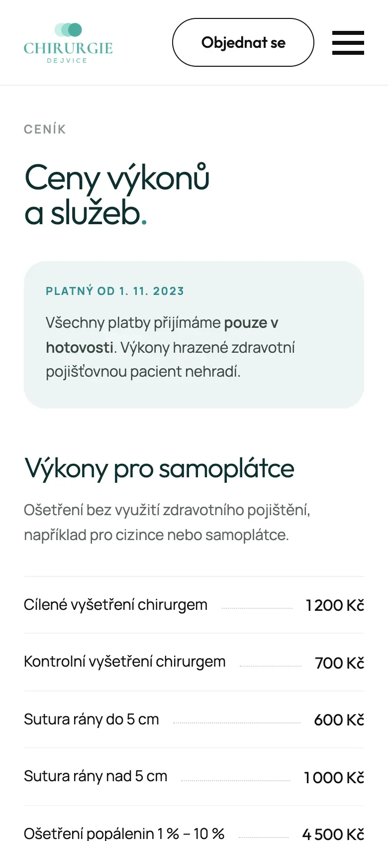 Ceník Chirurgie Dejvice v telefonu: štítek o platbě v hotovosti, nadpis Výkony pro samoplátce a řádky výkonů s cenami