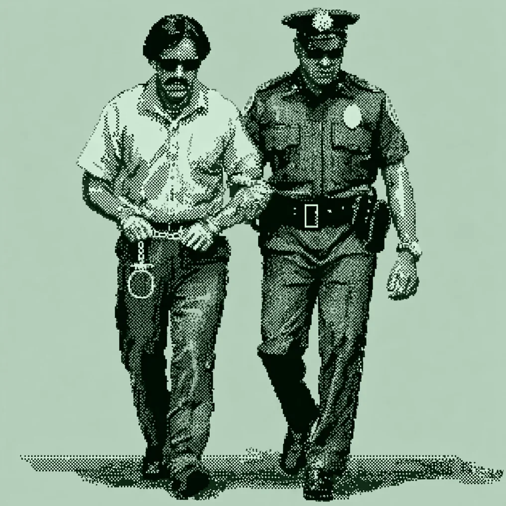 Pixelová ilustrace kategorie: policista vede zadrženého