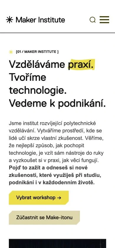 Homepage Maker Institute v mobilním zobrazení