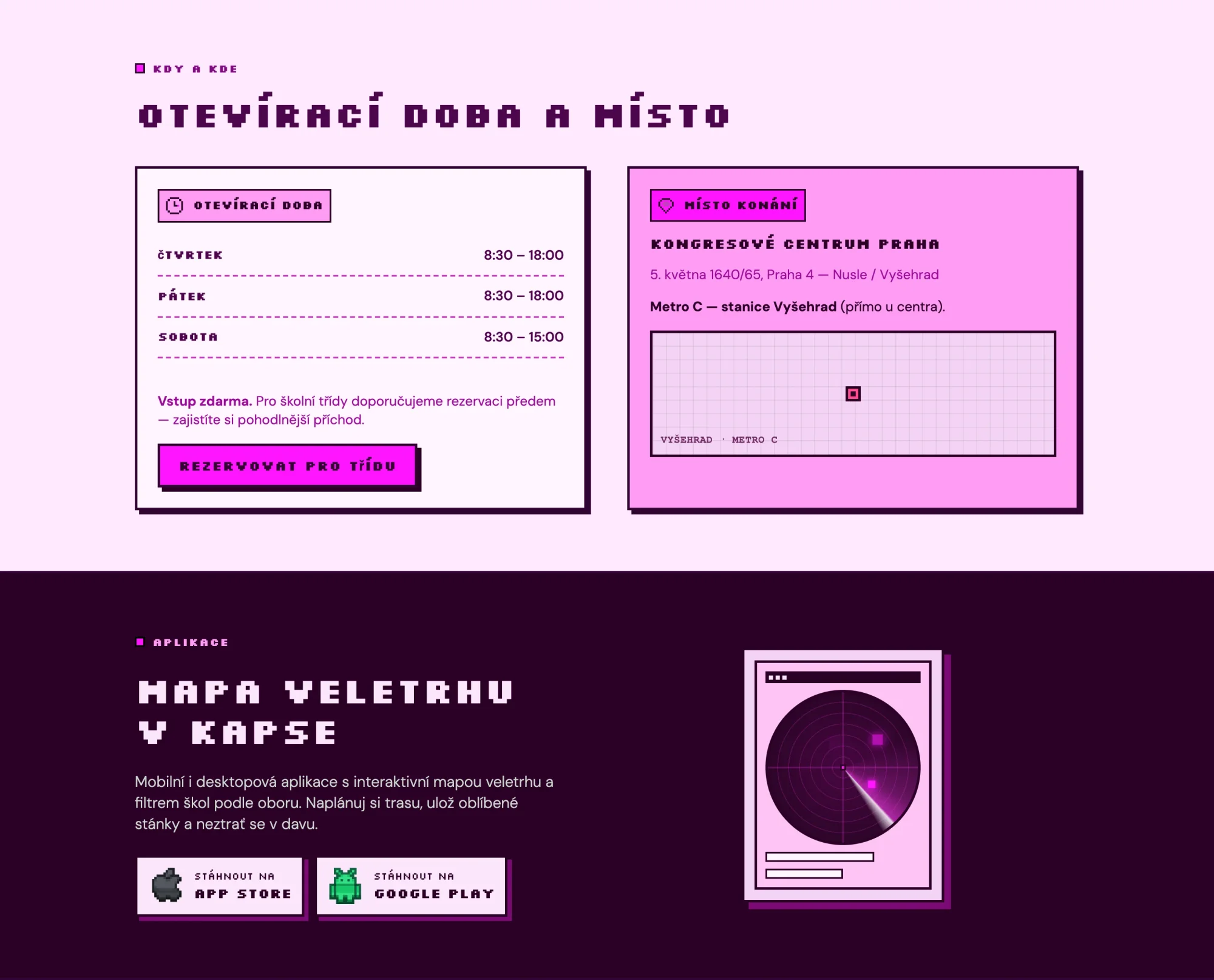Sekce webu Otevírací doba a místo a Mapa veletrhu v kapse s odkazy na App Store a Google Play