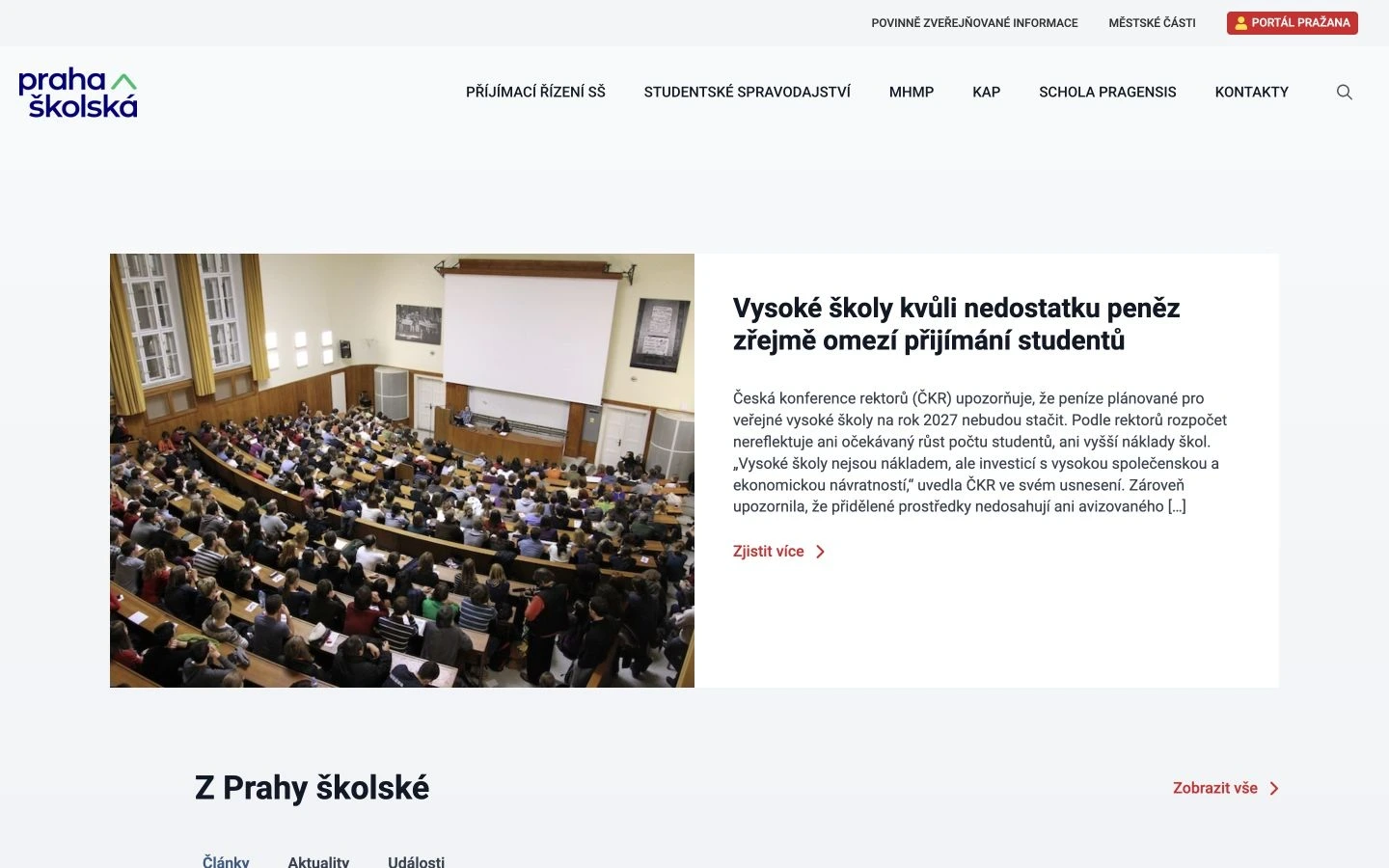Homepage Praha školská s hlavním článkem a navigací školského portálu