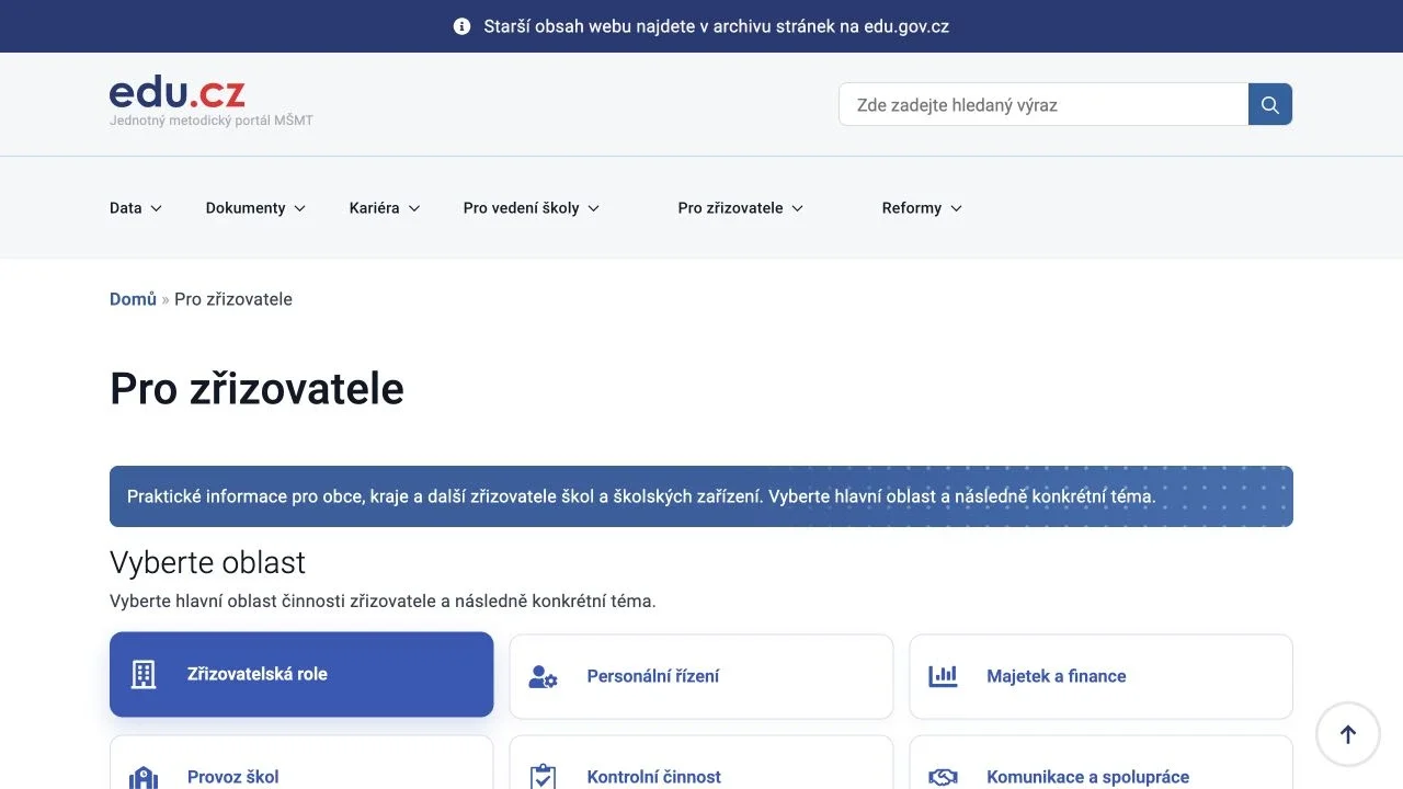 Tematické záložky v sekci Pro zřizovatele