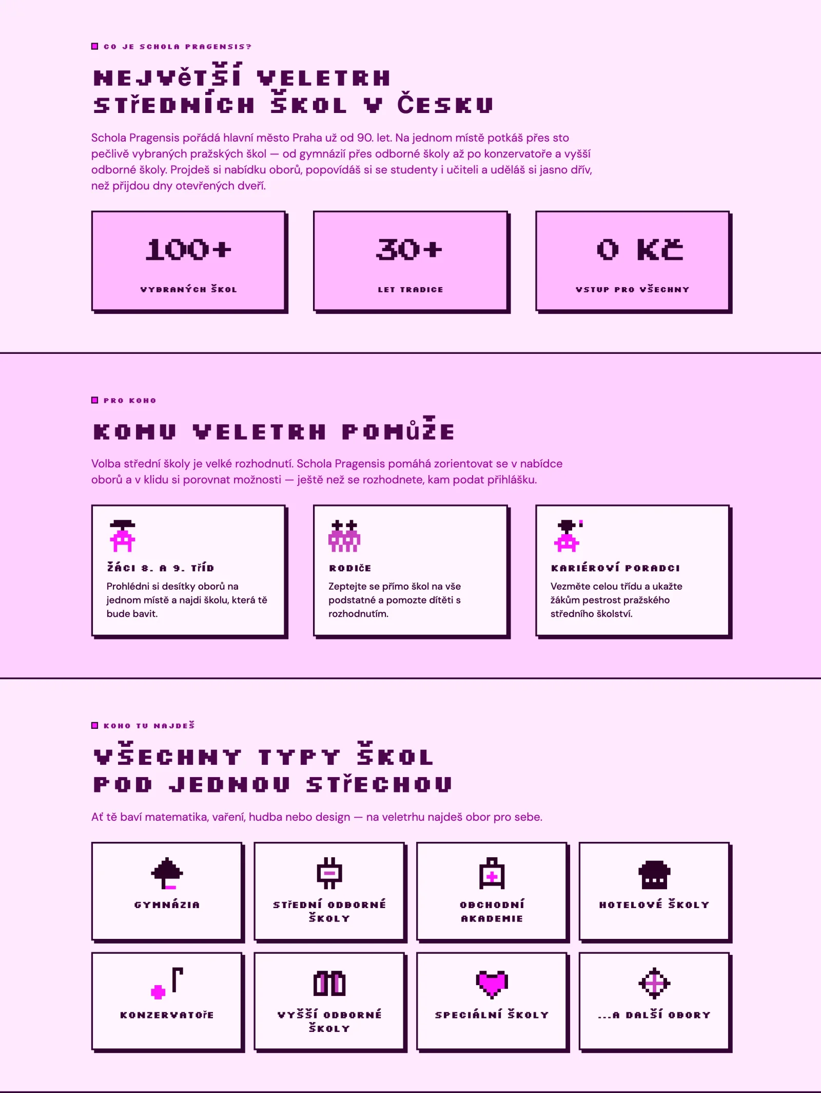 Sekce webu Největší veletrh středních škol v Česku, Komu veletrh pomůže a Všechny typy škol pod jednou střechou