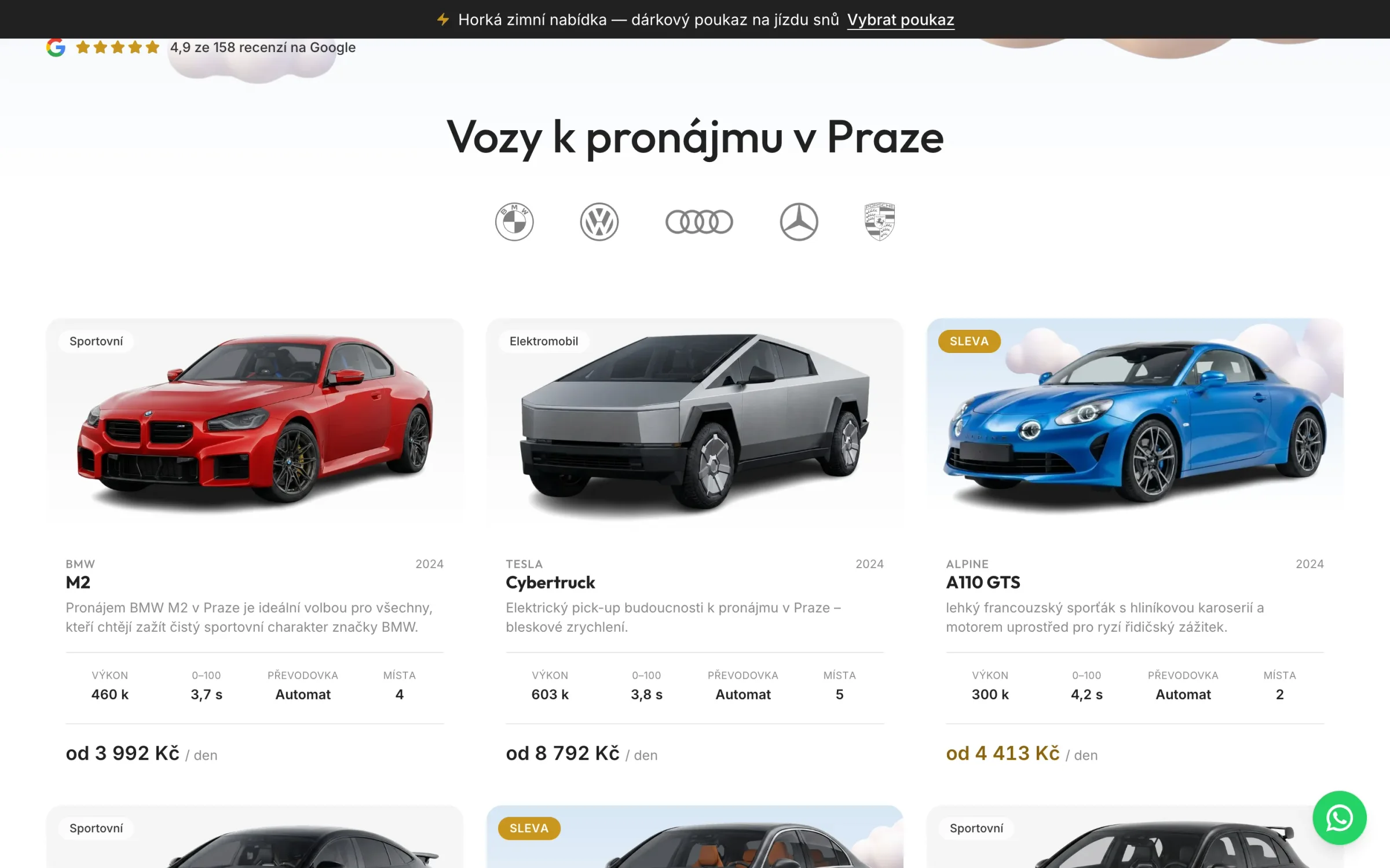 Sekce Vozy k pronájmu v Praze: loga značek a karty BMW M2, Tesla Cybertruck a Alpine A110 GTS s výkonem, zrychlením, převodovkou a cenou od za den
