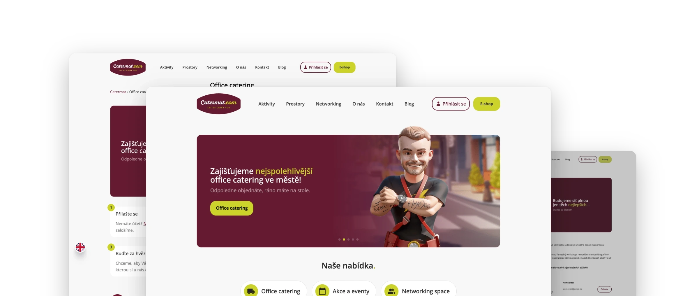 Obrazovky webu catermat.com poskládané přes sebe: homepage s 3D maskotem, Office catering a Networking