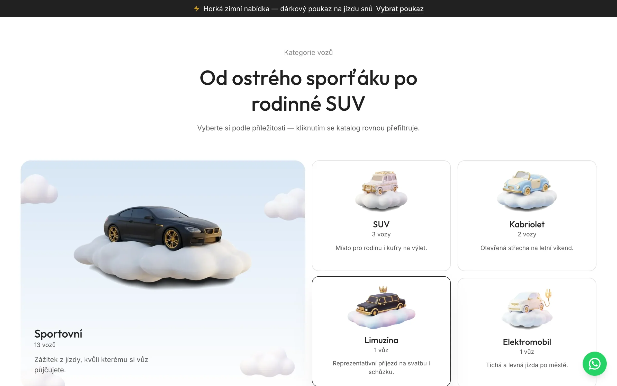 Kategorie vozů od sporťáku po rodinné SUV