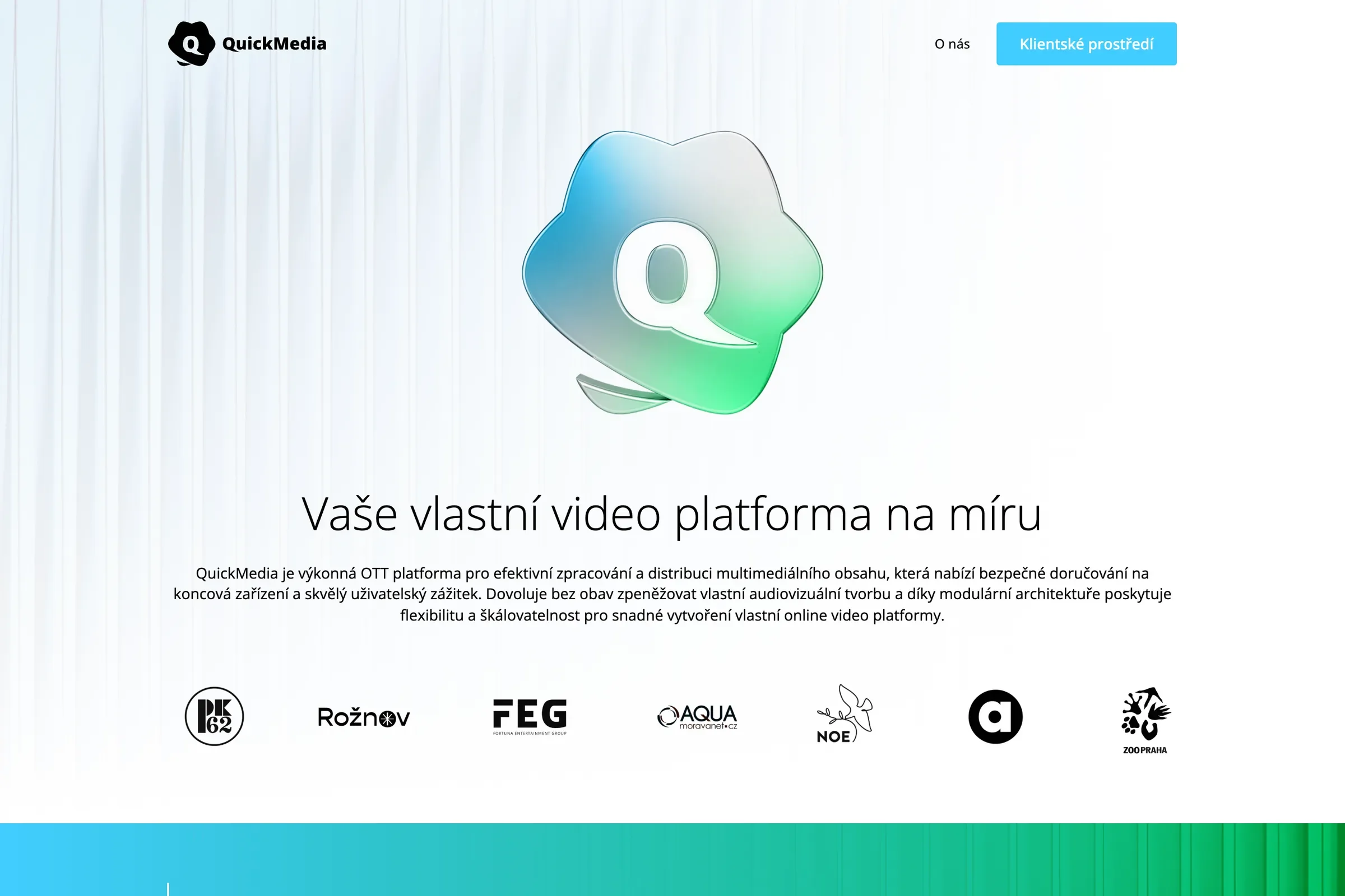 Úvod webu QuickMedia s heslom Vaša vlastná video platforma na mieru a logami klientov