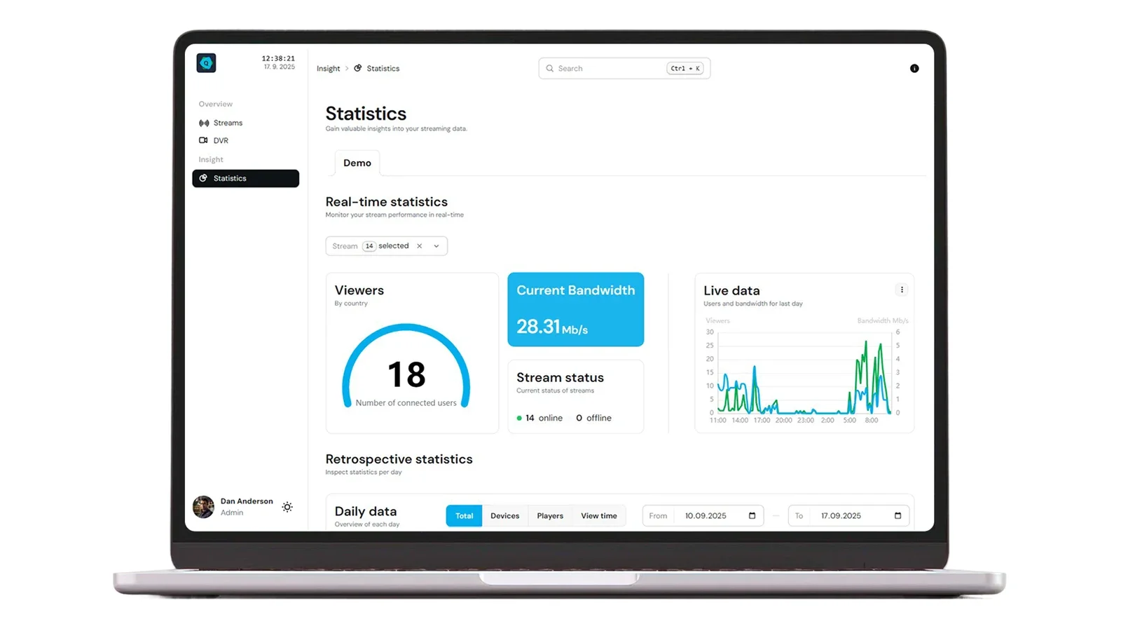 QuickMedia Client: real-time statistics and retrospective overviews