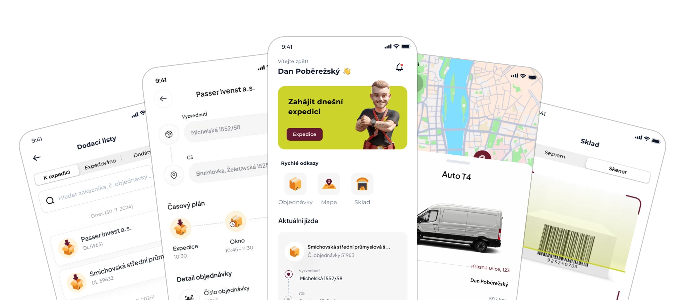 Pět obrazovek aplikace Catermat Cars vedle sebe: dodací listy, detail objednávky, úvodní obrazovka řidiče, karta vozu na mapě a skener ve skladu