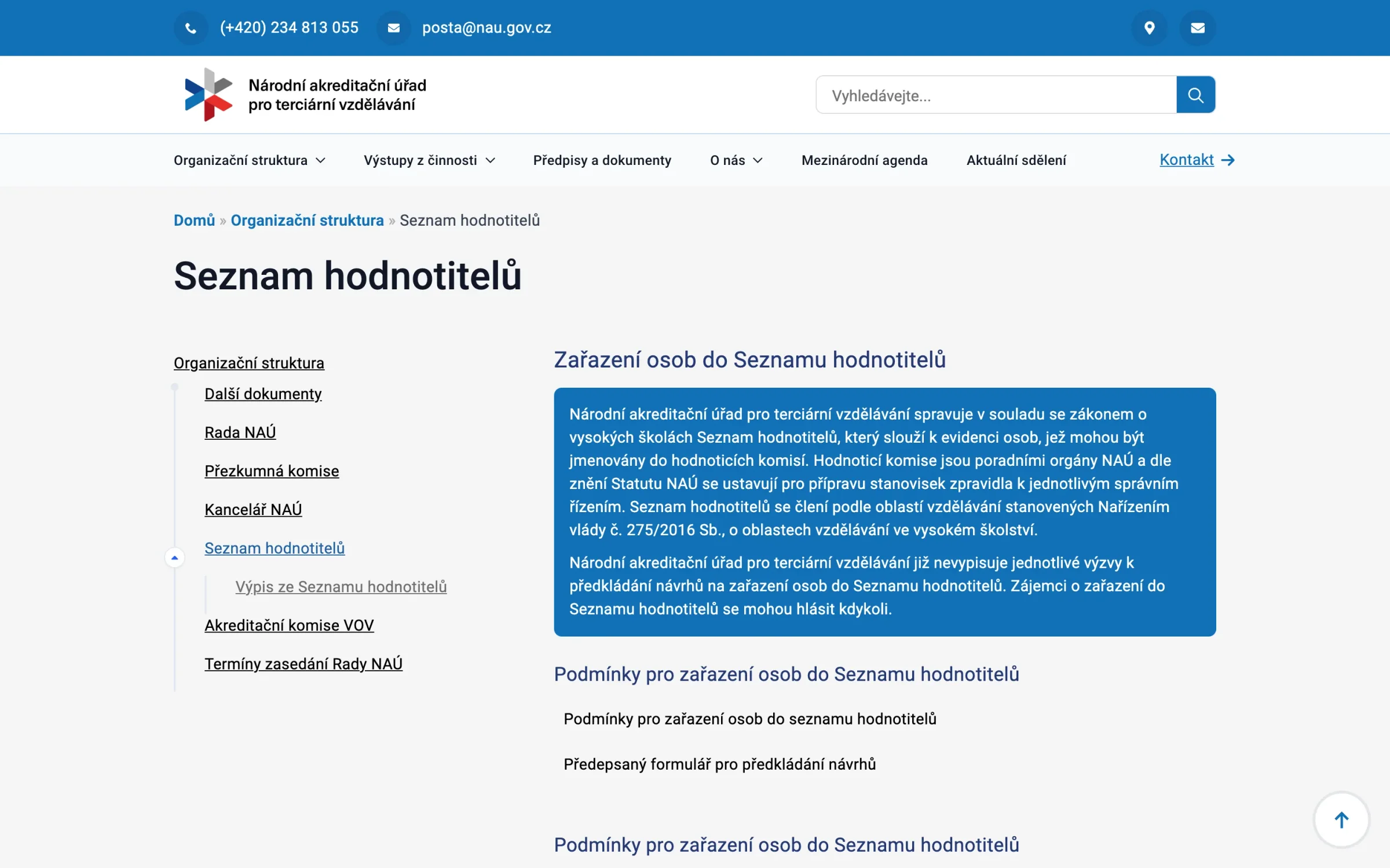 Stránka Seznam hodnotitelů: modrý rámeček o zařazení osob do Seznamu a podmínky pro předkládání návrhů
