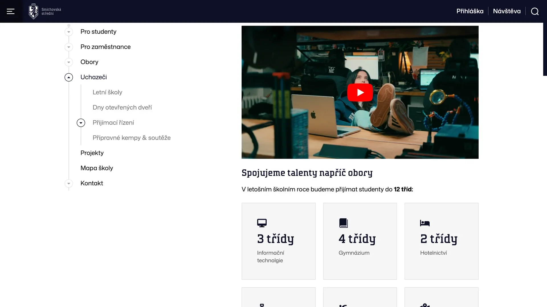 SSPŠ website: the Applicants page with a video and the number of classes admitted by field