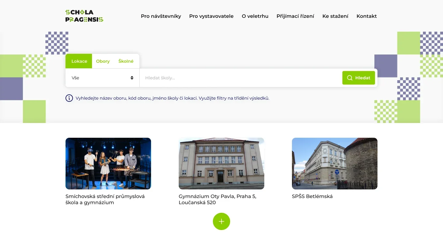 Vyhledávání škol na webu s filtry Lokace, Obory a Školné a prvními výsledky