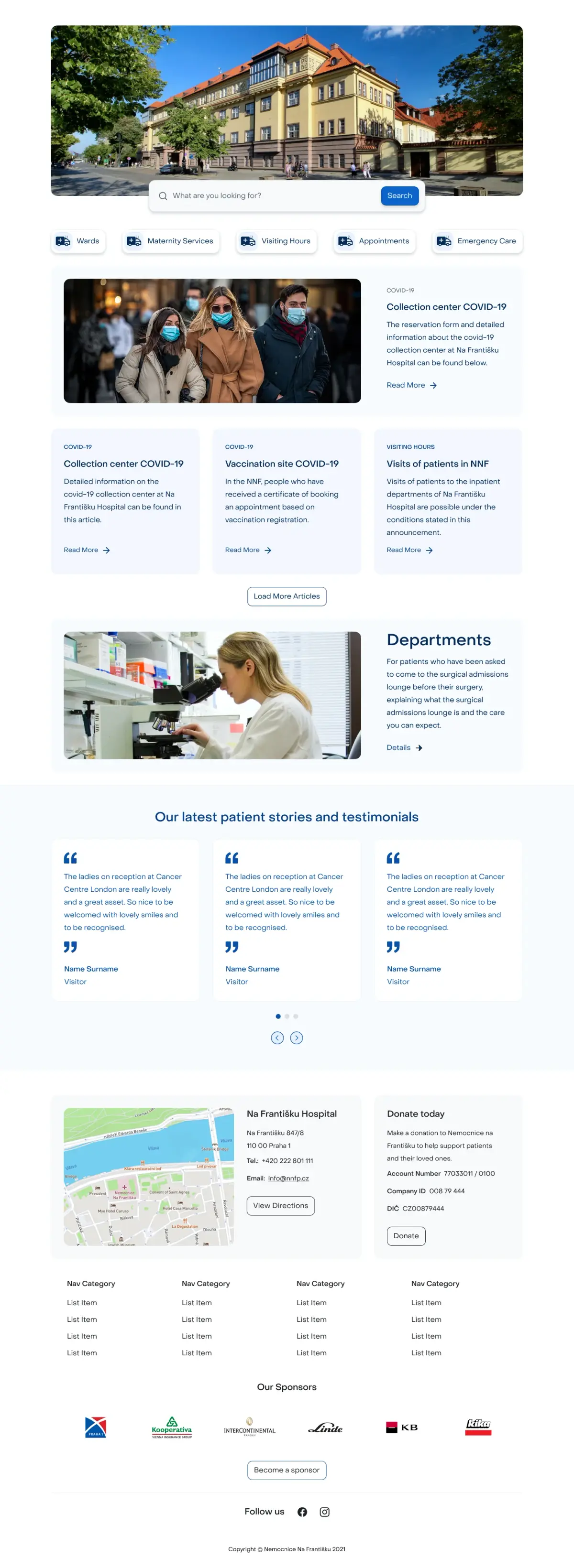 První návrh homepage nemocnice z roku 2020: fotka budovy s vyhledáváním, rychlé odkazy, aktuality ke covidu, oddělení, příběhy pacientů, mapa a sponzoři