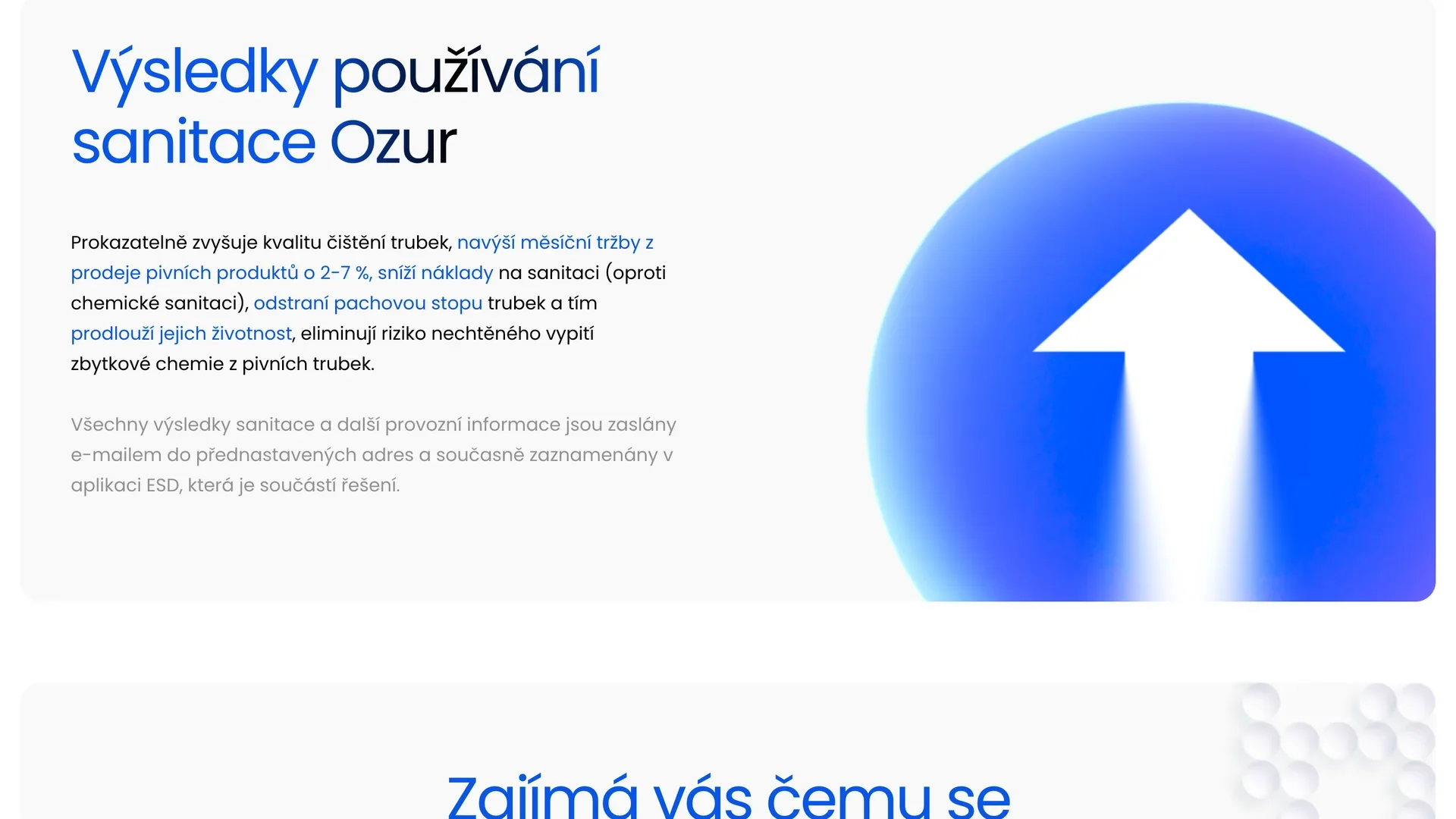 Web Sanixera: sekce Výsledky používání sanitace Ozur se šipkou růstu