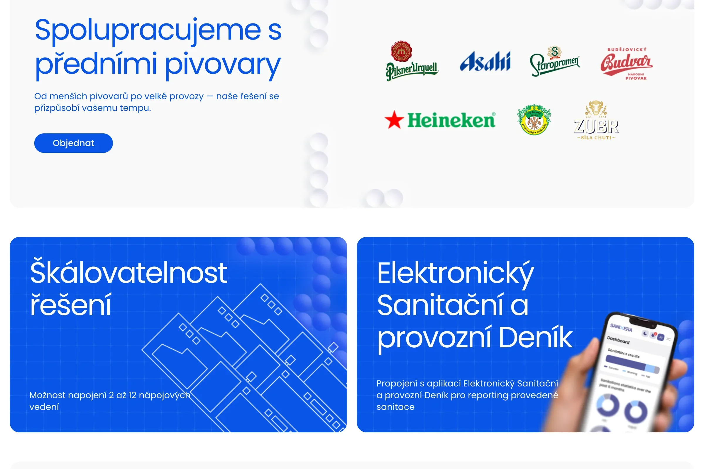 Reference pivovarů a sekce Škálovatelnost řešení a Elektronický sanitační a provozní deník