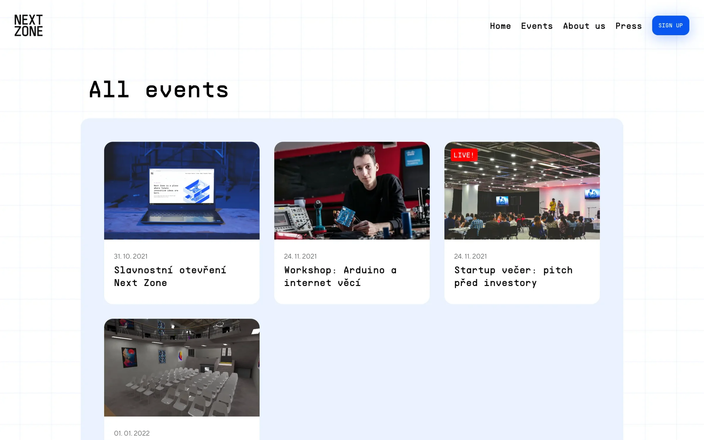 Stránka All events s přehledem akcí