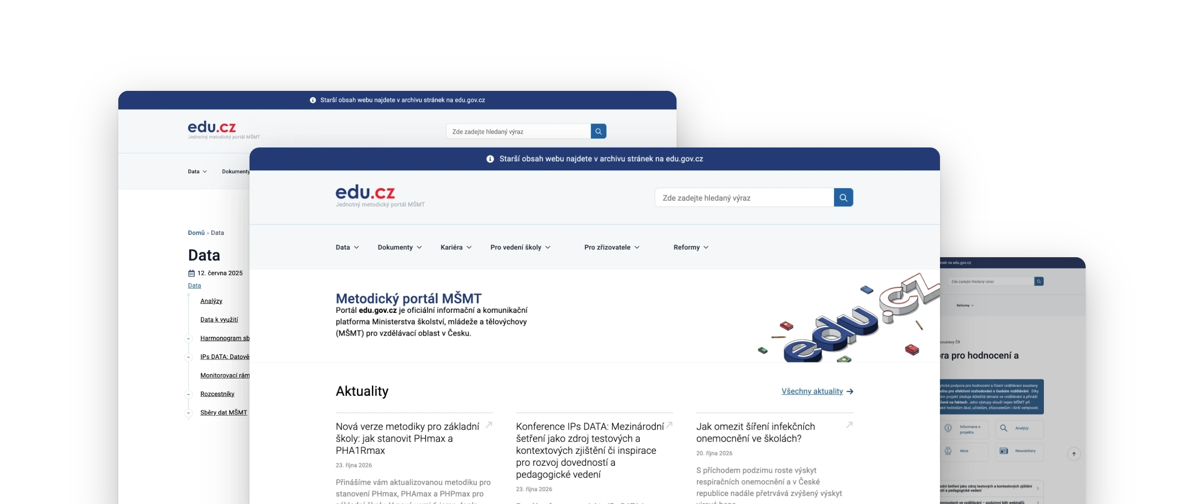 Obrazovky portálu edu.gov.cz poskládané přes sebe: homepage s aktualitami, rozcestník Data a stránka IPs DATA