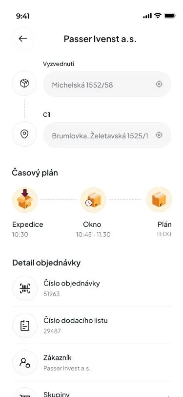 Detail dodacího listu: místo vyzvednutí a cíl, časový plán s expedicí, oknem doručení a plánem a detail objednávky s čísly, zákazníkem, skupinami, autem a platbou