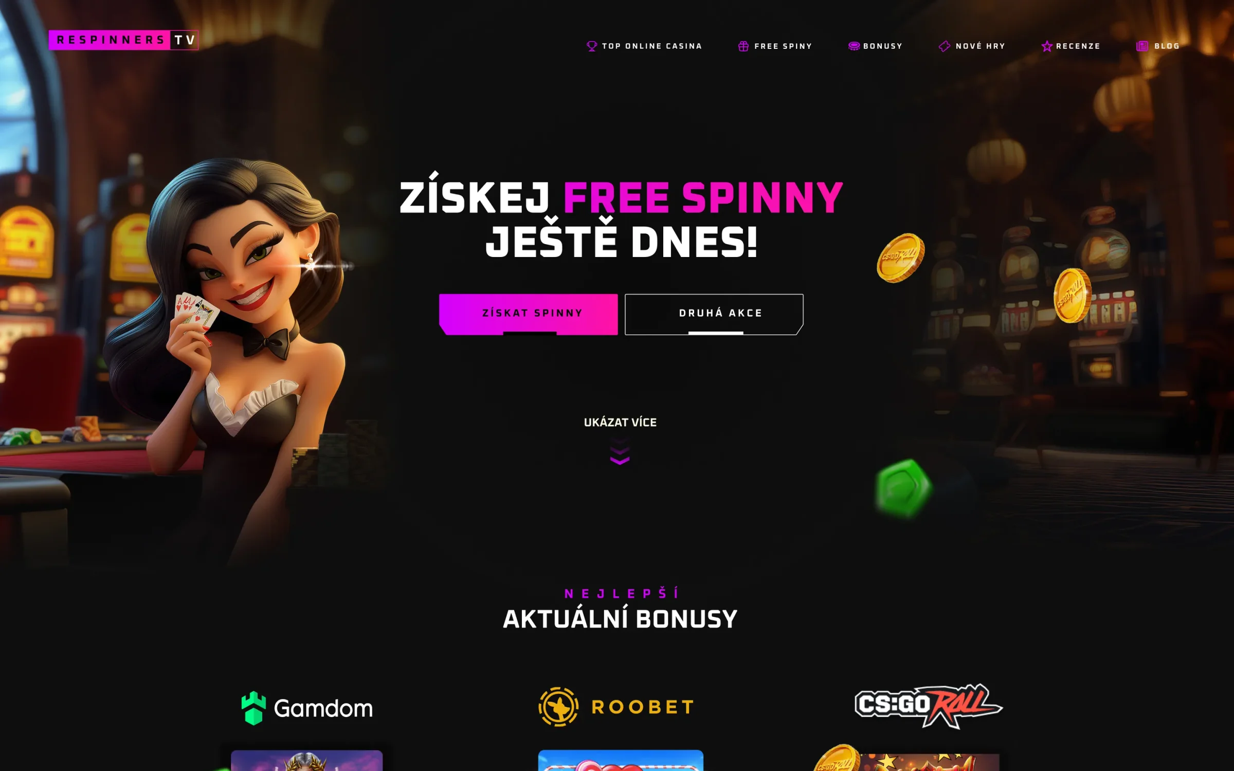 Úvod webu RespinnersTV: kreslená krupiérka s kartami, nadpis Získej free spinny ještě dnes a tlačítka Získat spinny a Druhá akce na tmavém pozadí casina