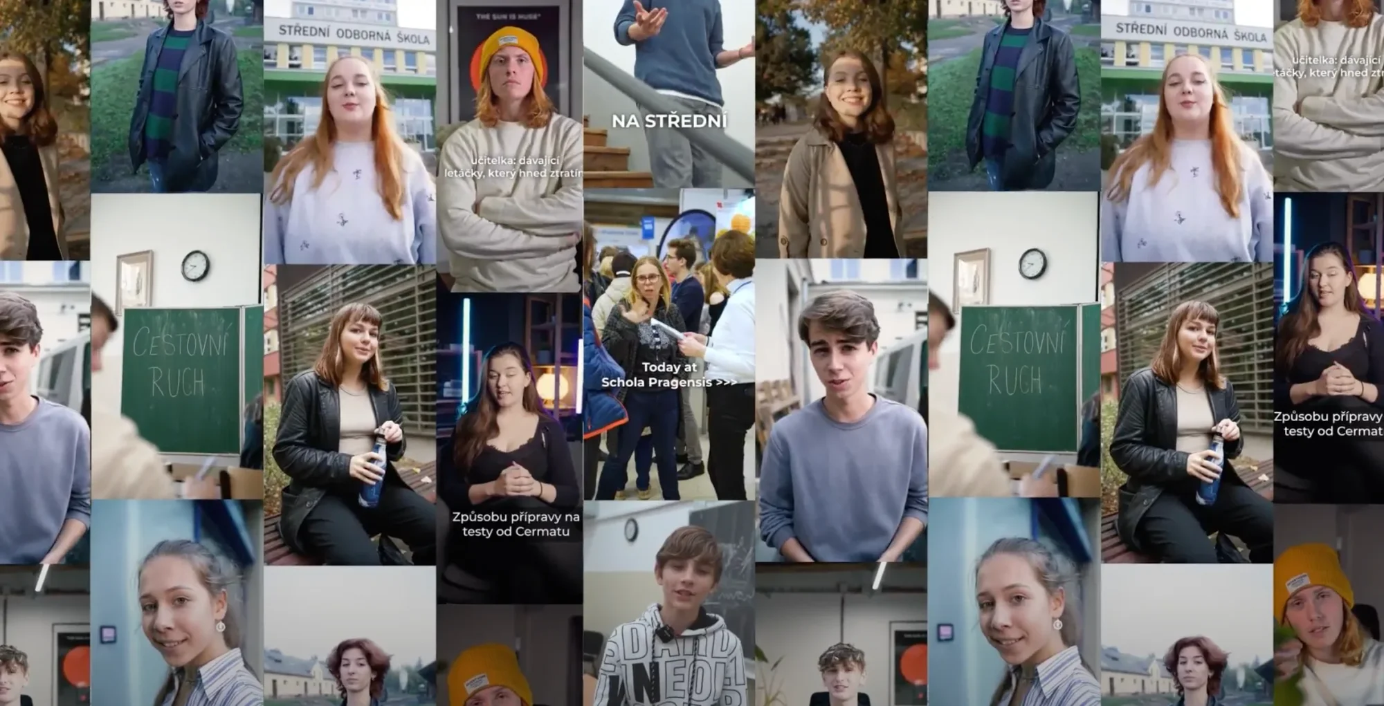 Mozaika záběrů z videí: středoškoláci mluví do kamery, titulky Na střední, Cestovní ruch a Způsobu přípravy na testy od Cermatu