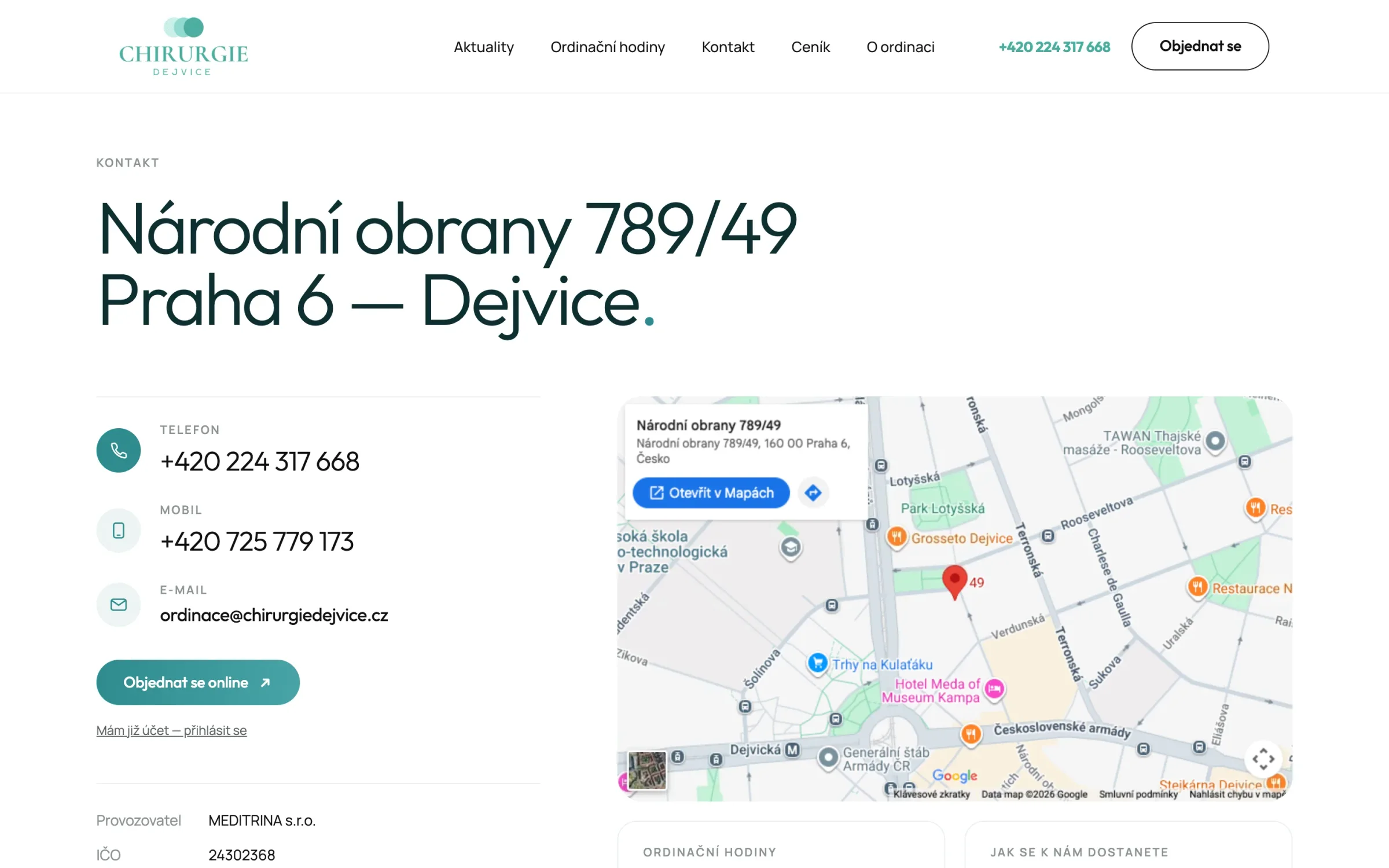 Stránka Kontakt: nadpis Národní obrany 789/49, Praha 6 Dejvice, telefony, e-mail, tlačítko Objednat se online a mapa s polohou ordinace